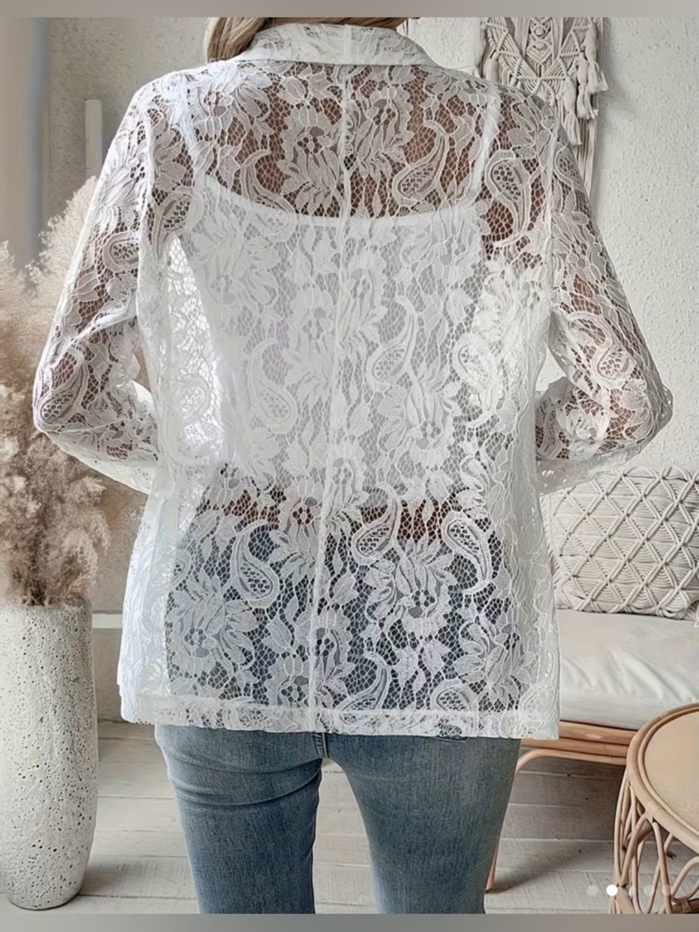 White Lace Blazer Jacket Floral Lace Long Sleeve White Jacket for Women - Picture 3 of 4